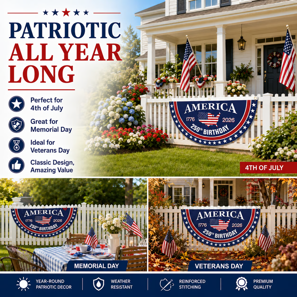 Flash Sale 60% OFF⭐Veteran Made - USA 250th Anniversary Flag Half Round Banner🦅